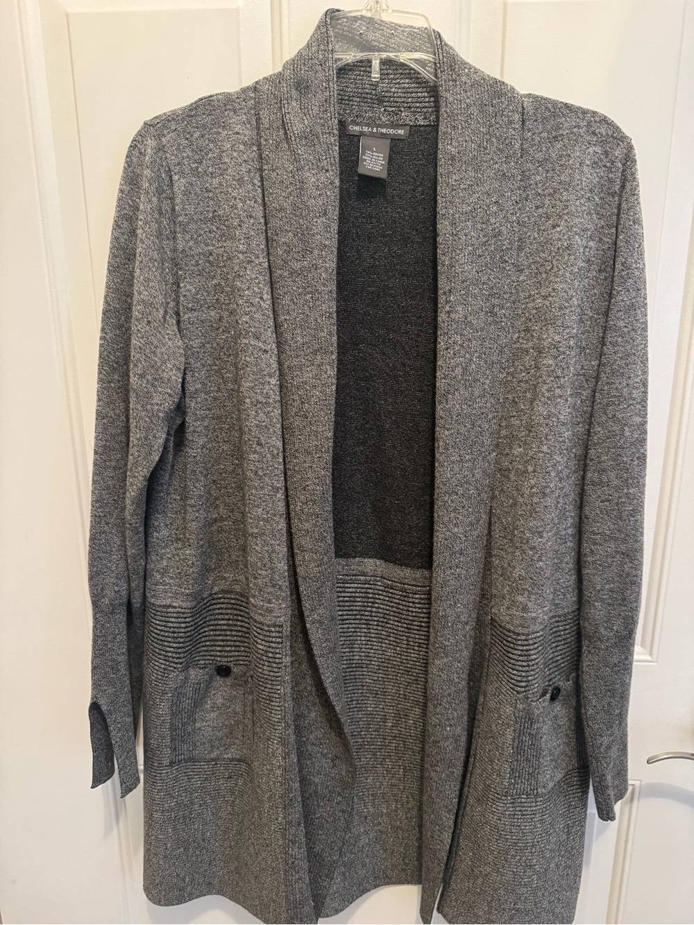 Chelsea & Theodore Heather Gray Open-Front Ribbed Pocket Cardigan